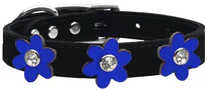 Metallic Flower Leather Collar Black With Metallic Blue Flowers Size 20