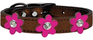 Metallic Flower Leather Collar Bronze With Metallic Pink Flowers Size 16