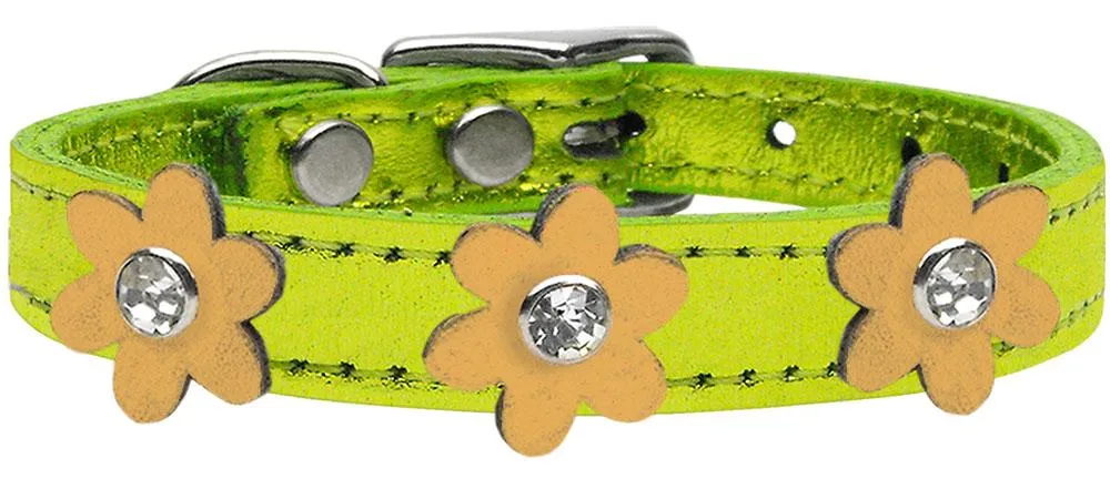 Metallic Flower Leather Collar Metallic Lime Green With Gold Flowers Size 16