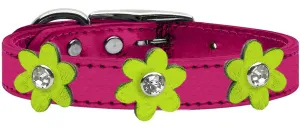 Metallic Flower Leather Collar Metallic Pink With Metallic Lime Green Flowers Size 24