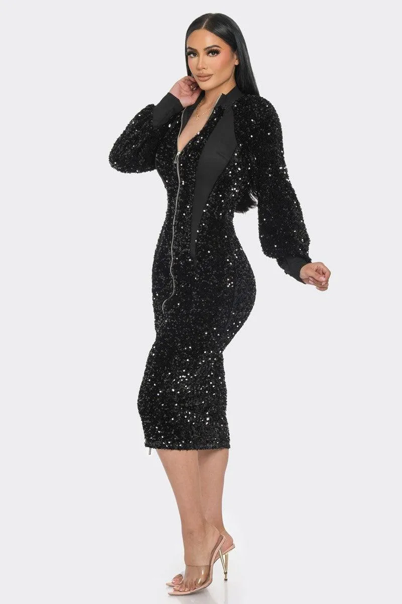 Midi Two Way Zip Up Sequin Dress