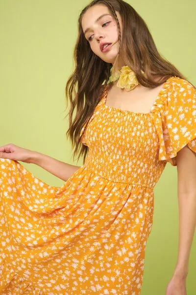 Mittoshop Flower Print Flutter Sleeve Smocked Midi Dress