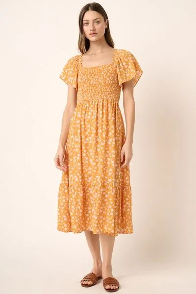 Mittoshop Flower Print Flutter Sleeve Smocked Midi Dress