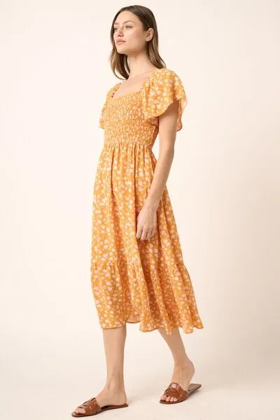 Mittoshop Flower Print Flutter Sleeve Smocked Midi Dress