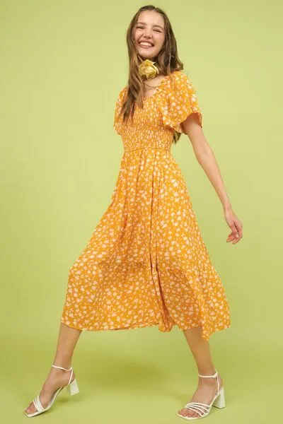 Mittoshop Flower Print Flutter Sleeve Smocked Midi Dress