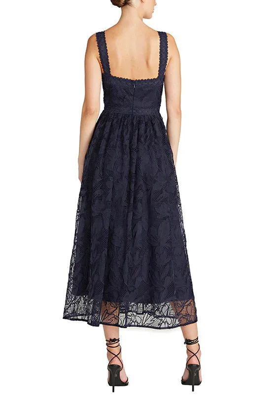 ML Monique Lhuillier Square Neck Sleeveless Ruched Embroidered Zipper Back A-Line Lace Dress