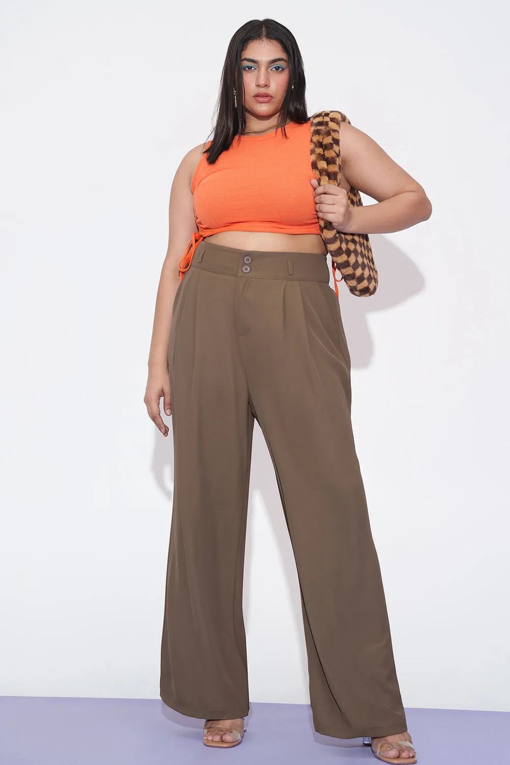 Mocha Mist Curve Pleated Double Button Korean Pants