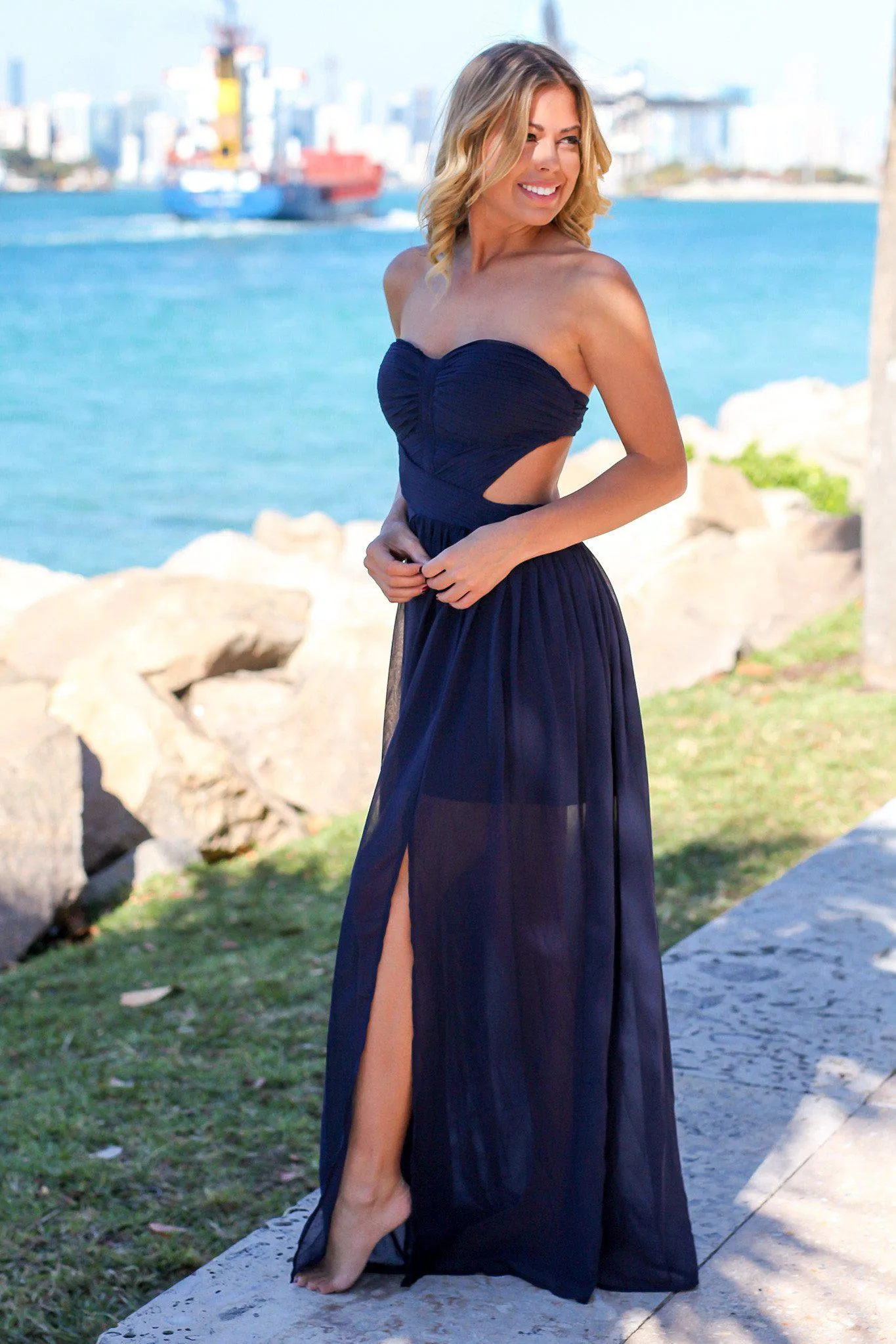 Navy Pleated Strapless Maxi Dress with Side Slit