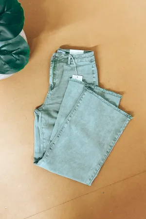 Olive Acid Wash Frayed Hem Pants