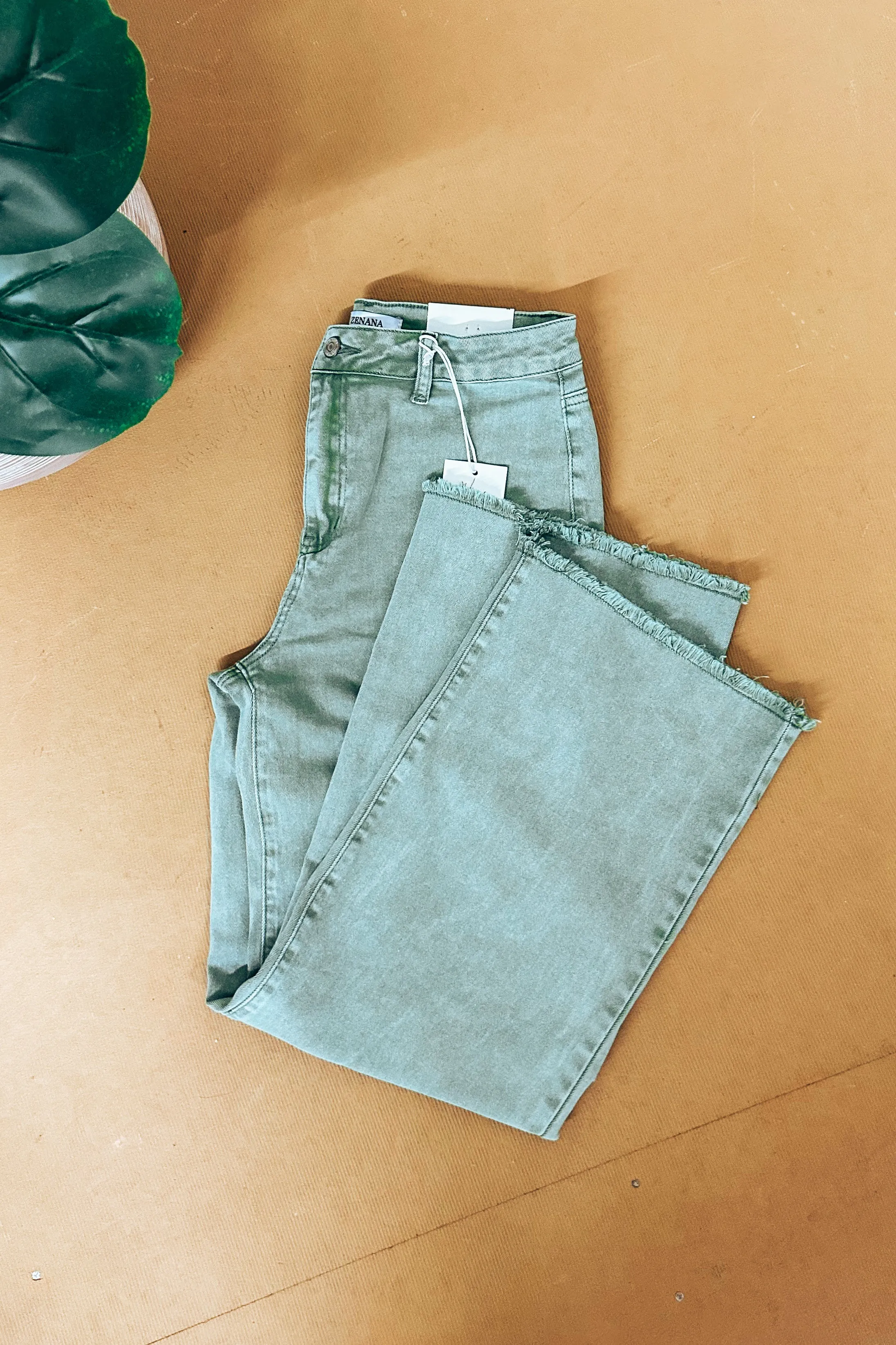 Olive Acid Wash Frayed Hem Pants