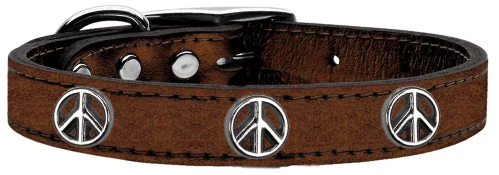 Peace Sign Widget Genuine Metallic Leather Dog Collar Bronze 12