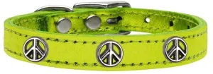 Peace Sign Widget Genuine Metallic Leather Dog Collar Lime Green 16