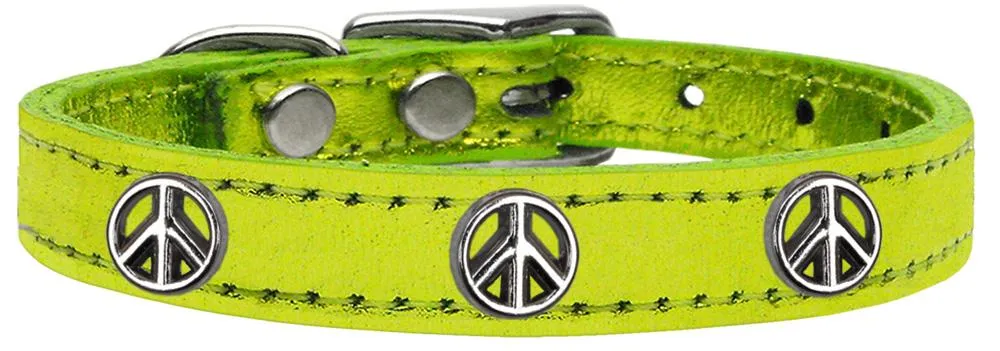 Peace Sign Widget Genuine Metallic Leather Dog Collar Lime Green 16