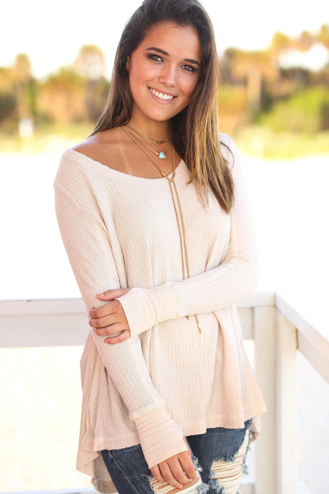 Peach Long Sleeve Top with Thumb Holes