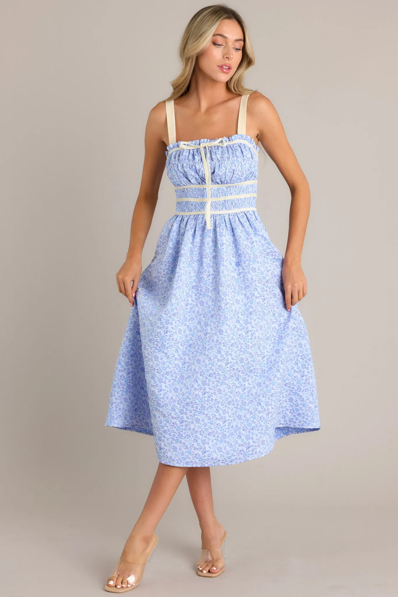 Petal Waltz Blue Floral Jacquard Midi Dress