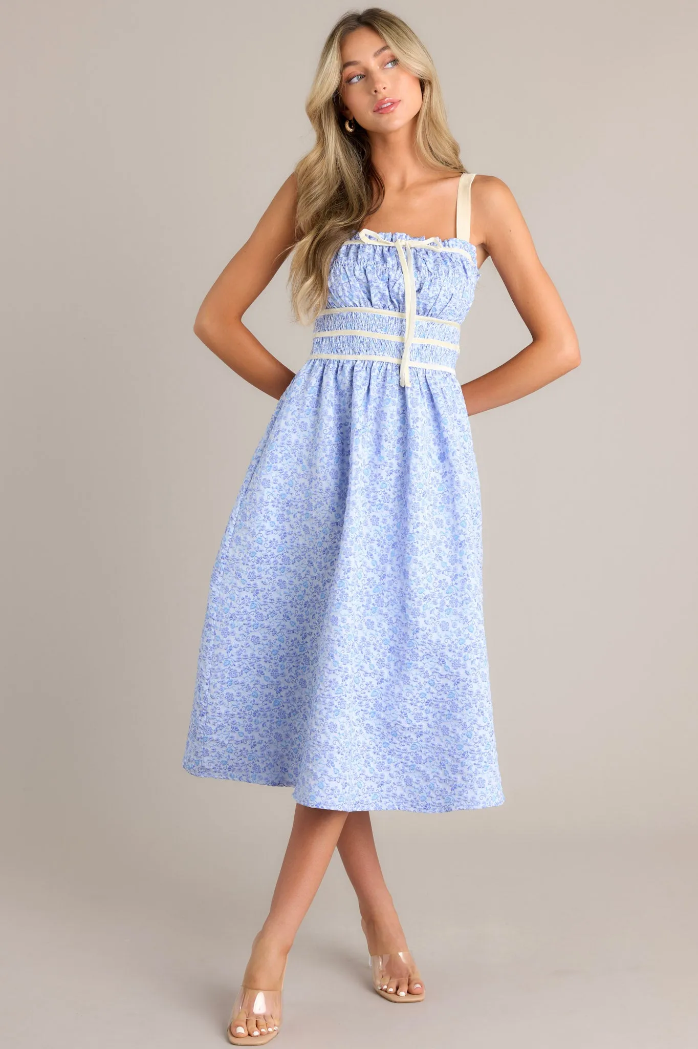 Petal Waltz Blue Floral Jacquard Midi Dress