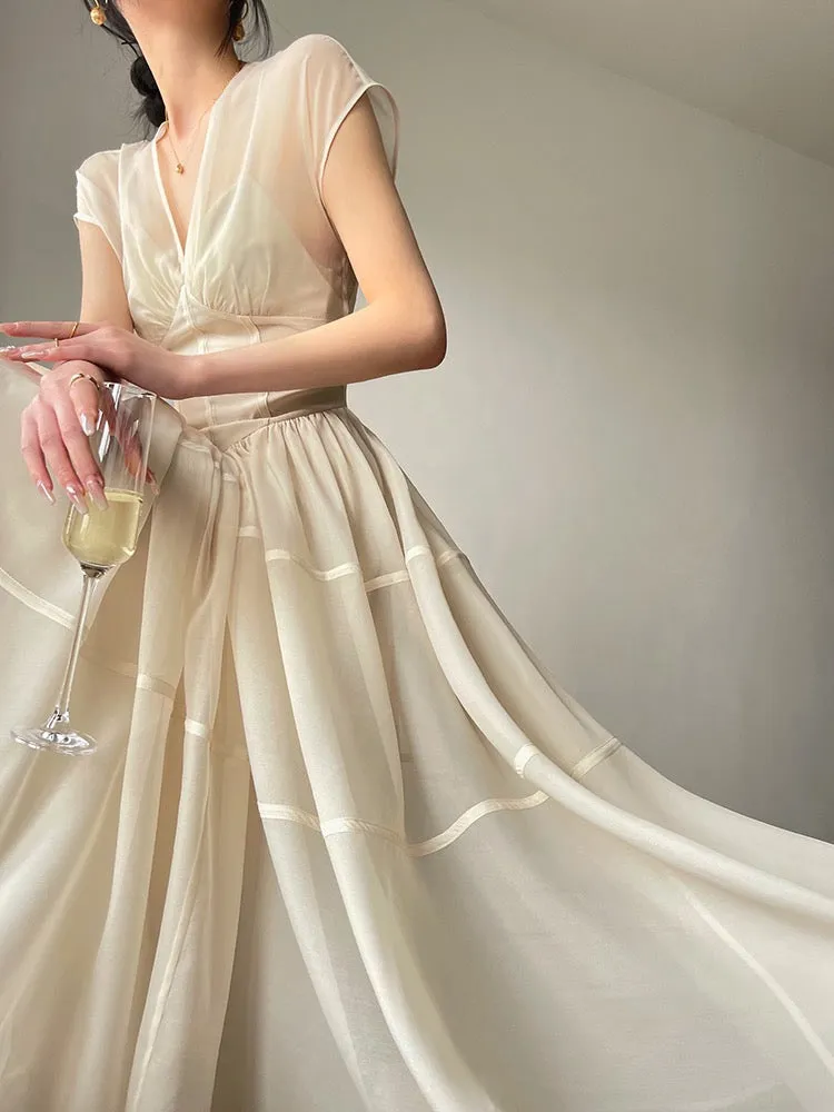 Petite Champagne Cap Sleeves Midi Dress