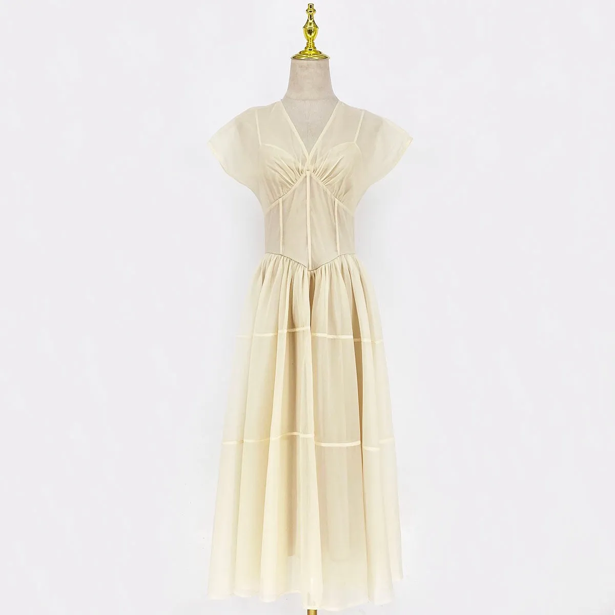 Petite Champagne Cap Sleeves Midi Dress