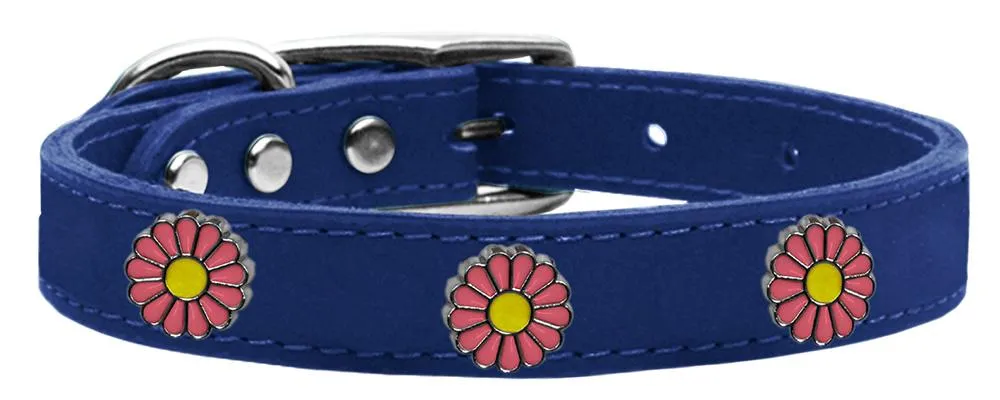 Pink Daisy Widget Genuine Leather Dog Collar Blue 22