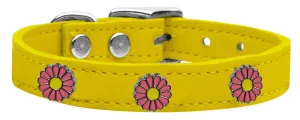 Pink Daisy Widget Genuine Leather Dog Collar Yellow 20