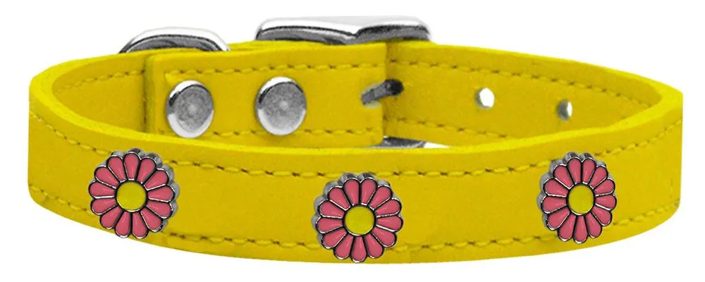 Pink Daisy Widget Genuine Leather Dog Collar Yellow 20