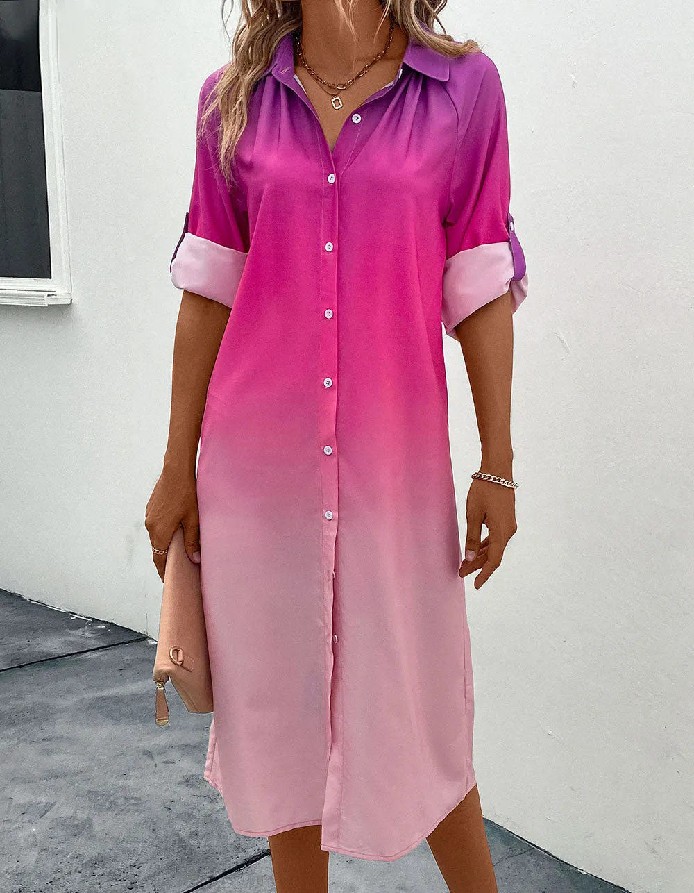 Pink Gradient Button Long Sleeve Midi A Line Shirt Dresses