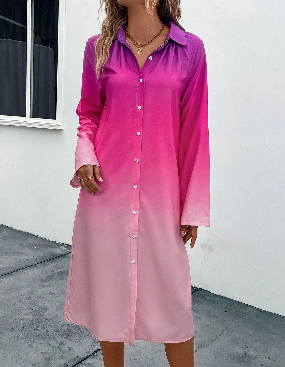 Pink Gradient Button Long Sleeve Midi A Line Shirt Dresses