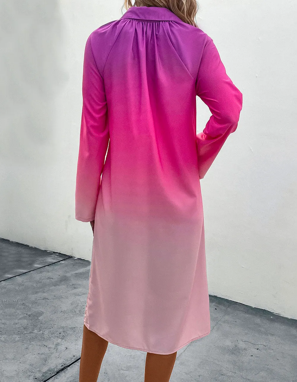 Pink Gradient Button Long Sleeve Midi A Line Shirt Dresses