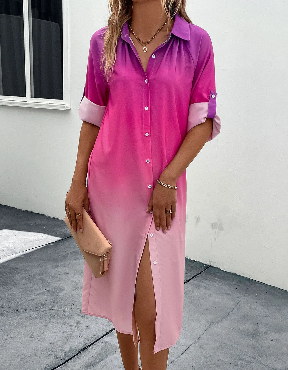 Pink Gradient Button Long Sleeve Midi A Line Shirt Dresses