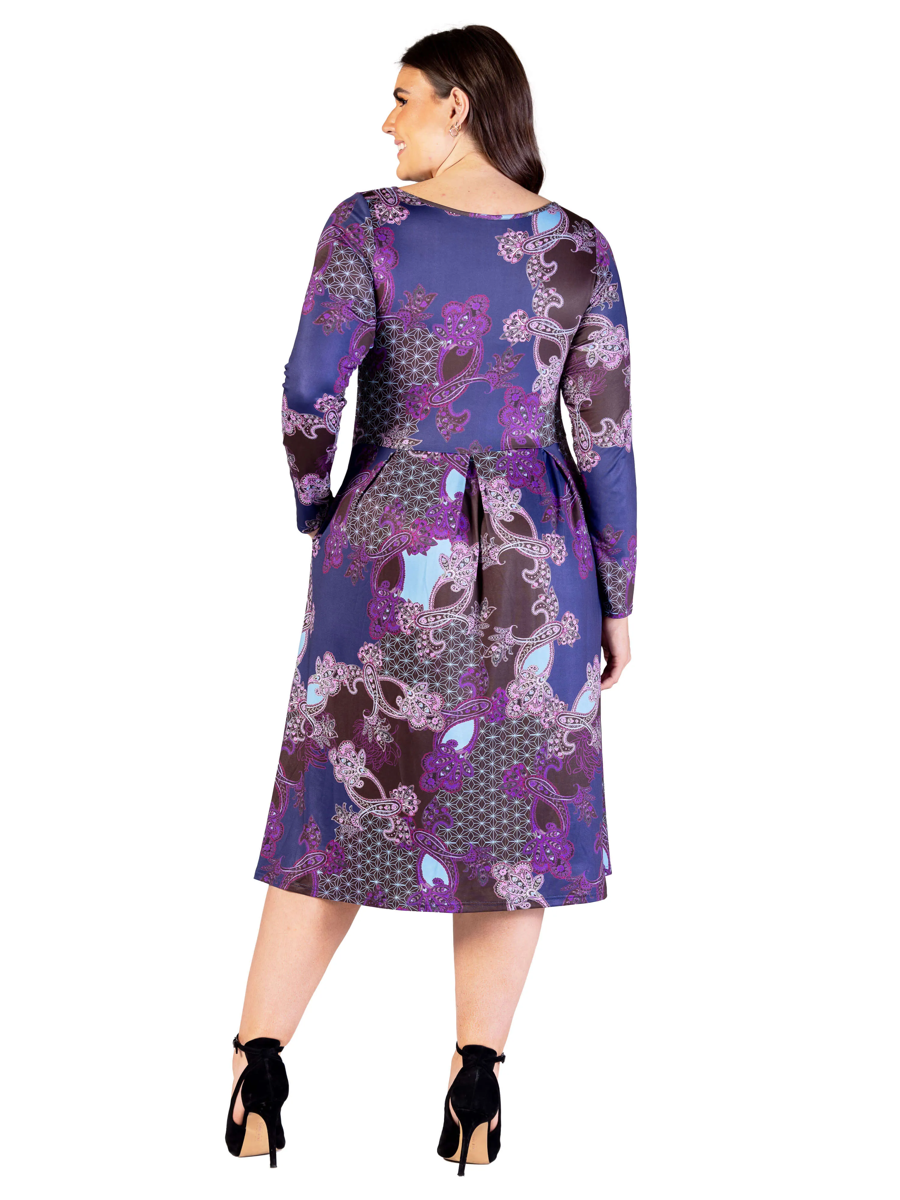 Plus Size Purple Paisley Midi Length Long Sleeve Pocket Dress