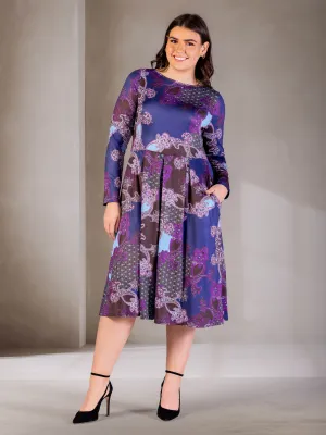 Plus Size Purple Paisley Midi Length Long Sleeve Pocket Dress