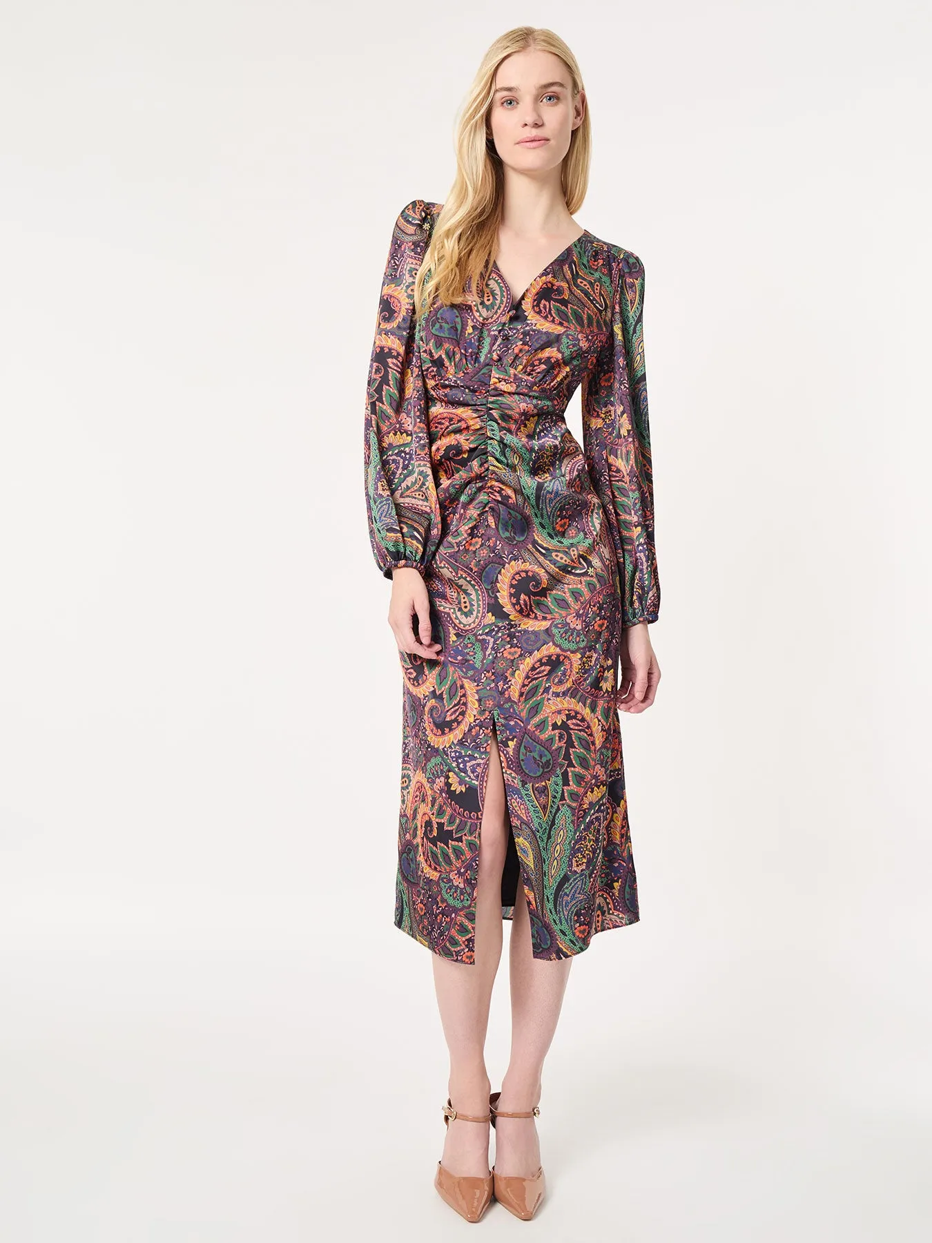 Printed Shirred Front Midi Dress, Satin