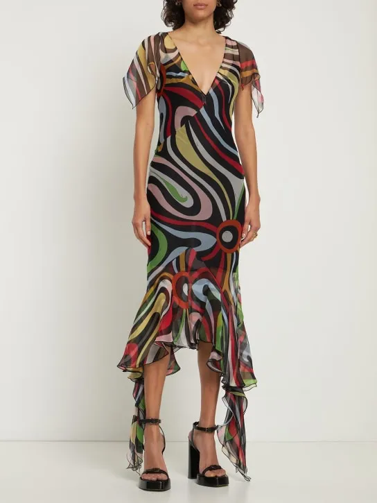 Pucci   Chiffon Marmo print ruffle midi dress 