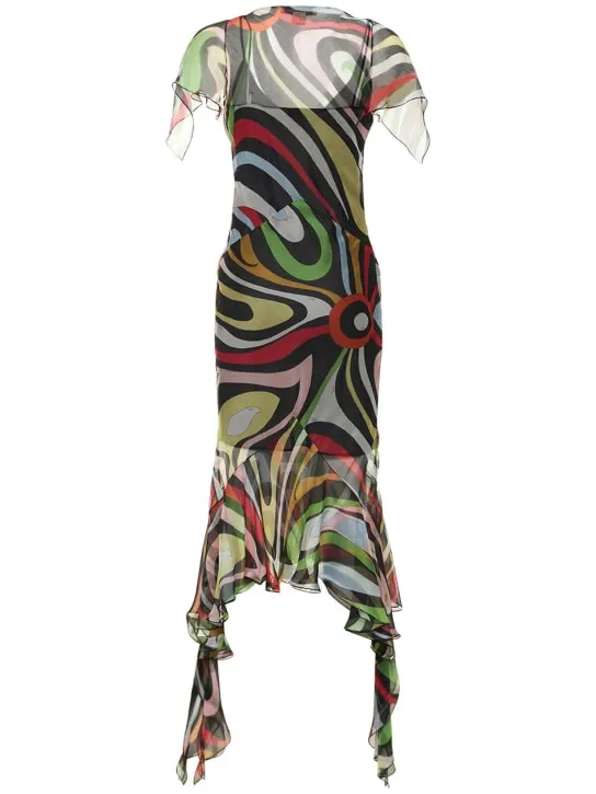 Pucci   Chiffon Marmo print ruffle midi dress 