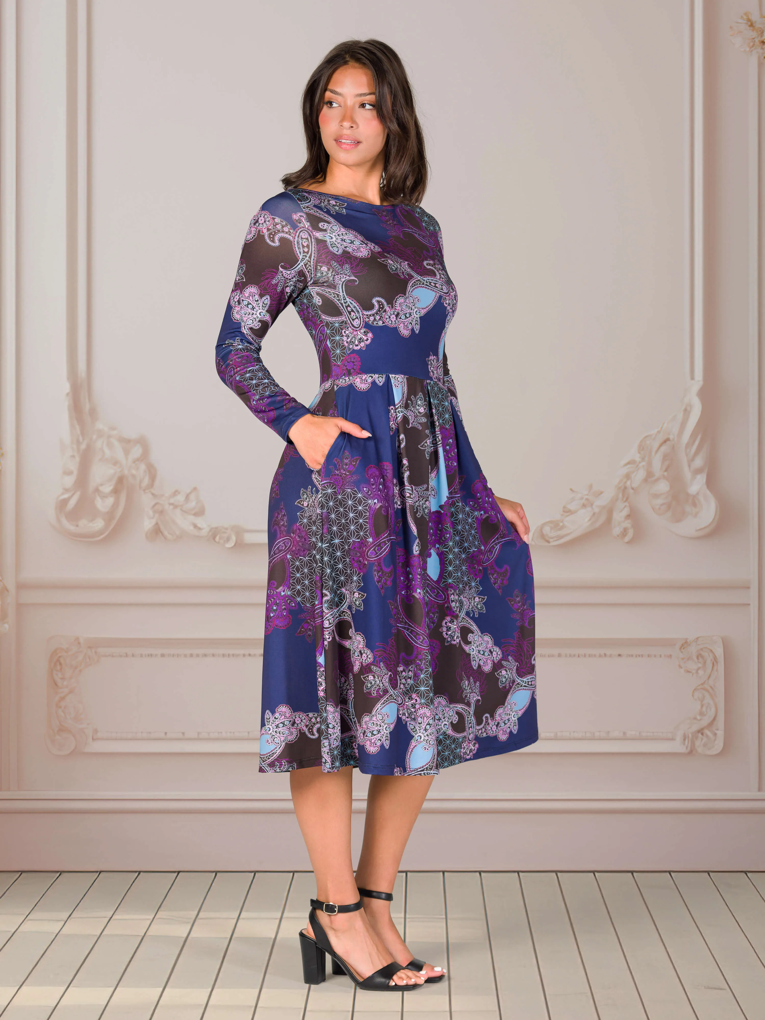 Purple Paisley Midi Length Long Sleeve Pocket Dress