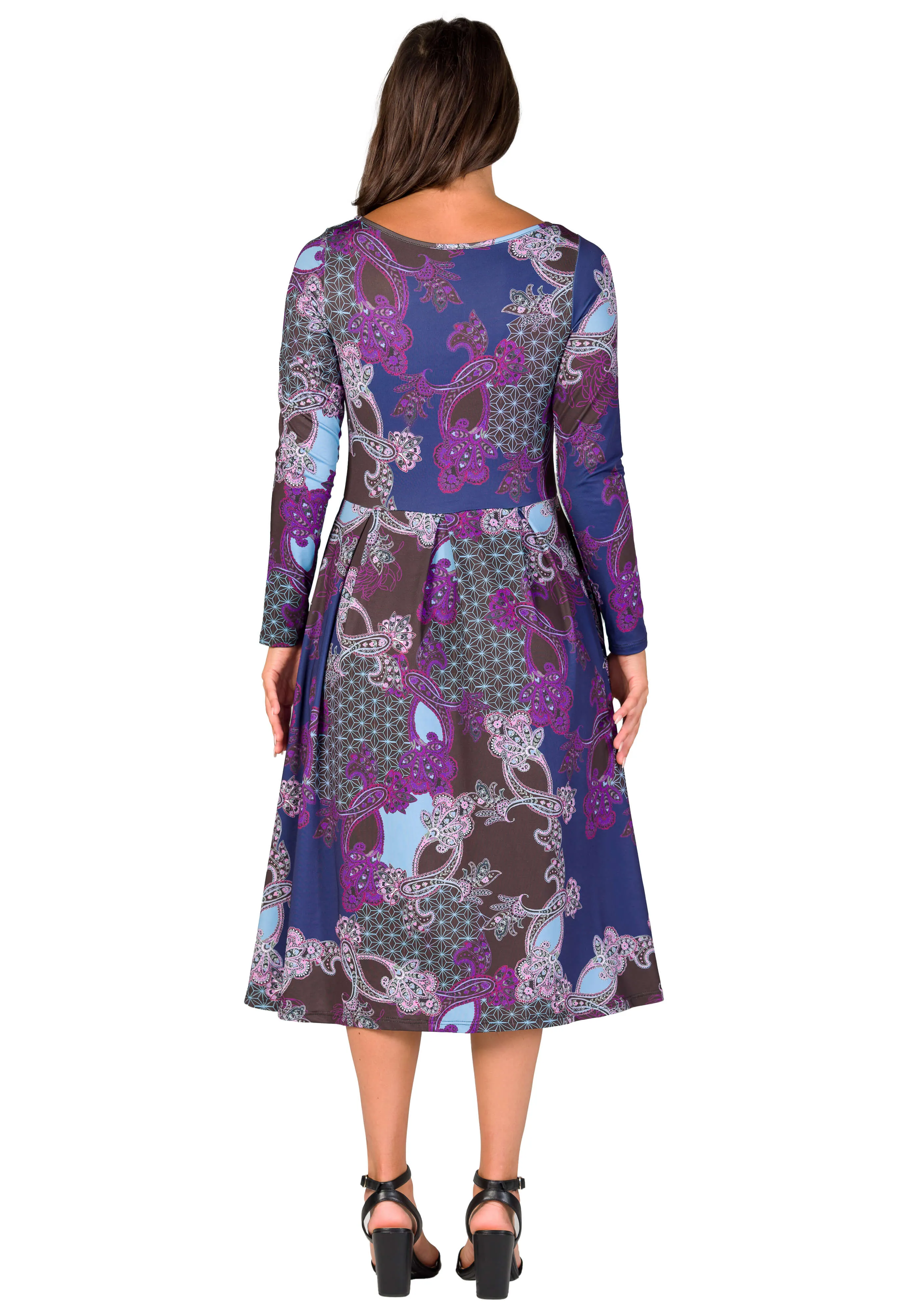 Purple Paisley Midi Length Long Sleeve Pocket Dress