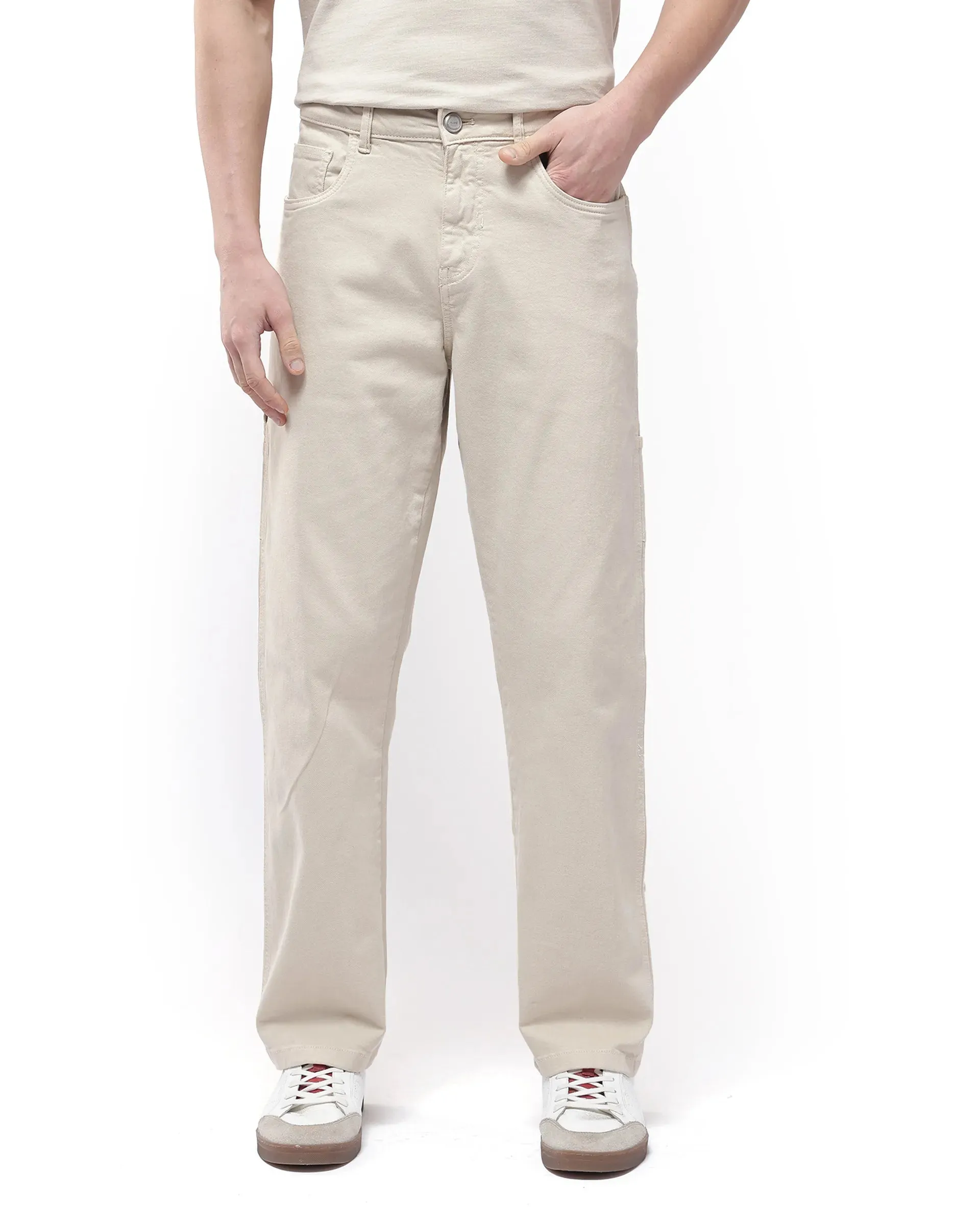 Rare Rabbit Men Arni Off White Cotton Viscose Garment Dyed Fabric Carpenter Fit Plain Denim Pant