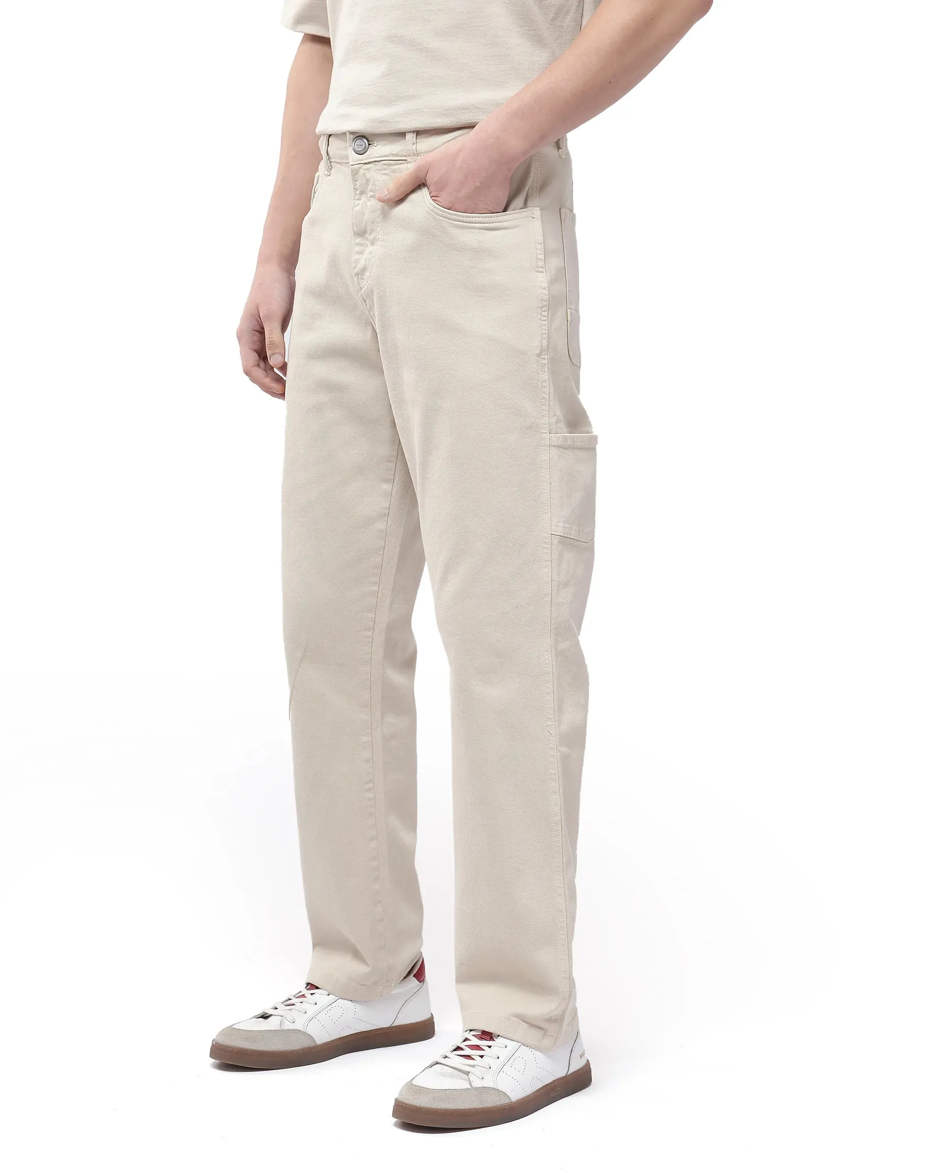 Rare Rabbit Men Arni Off White Cotton Viscose Garment Dyed Fabric Carpenter Fit Plain Denim Pant