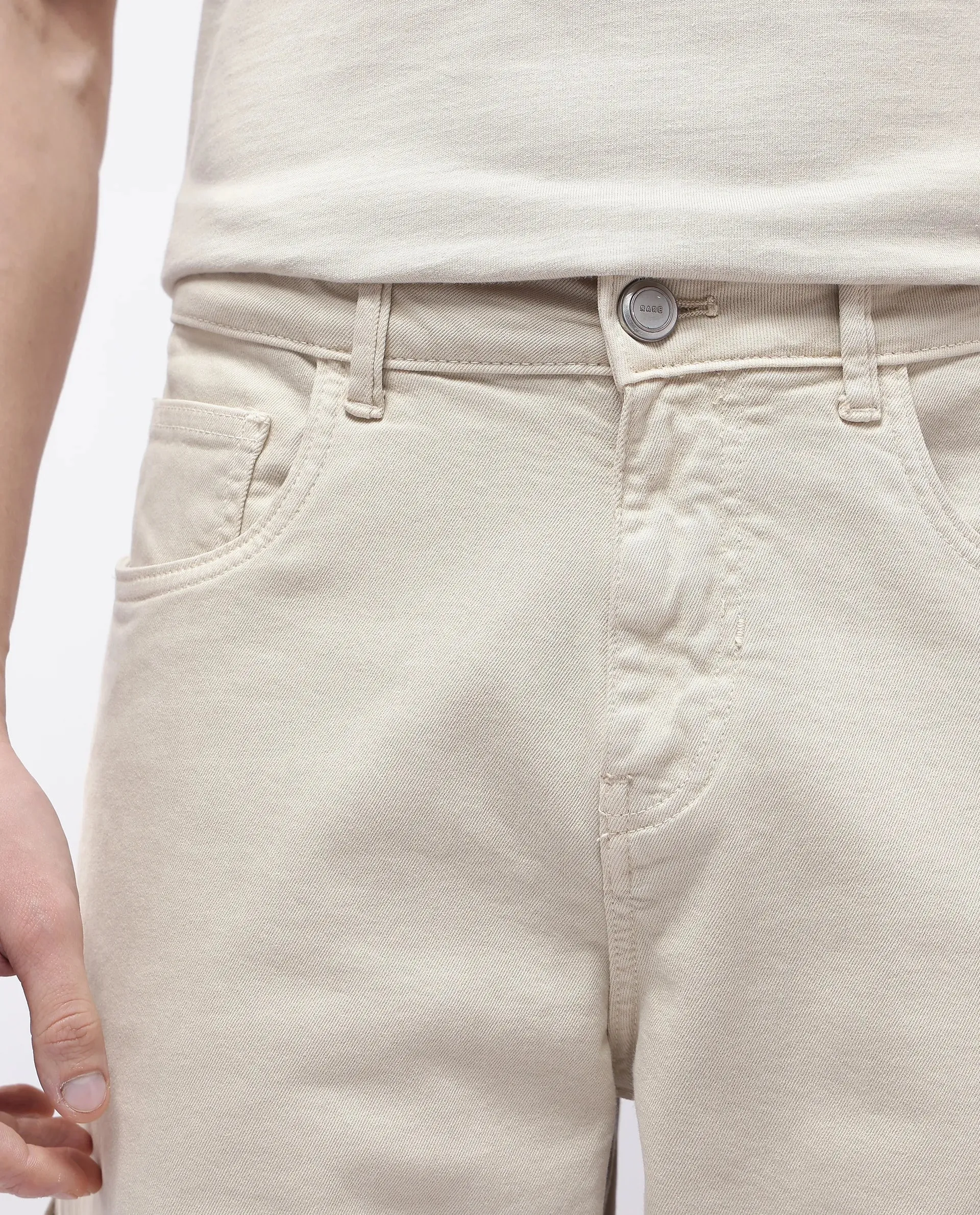 Rare Rabbit Men Arni Off White Cotton Viscose Garment Dyed Fabric Carpenter Fit Plain Denim Pant