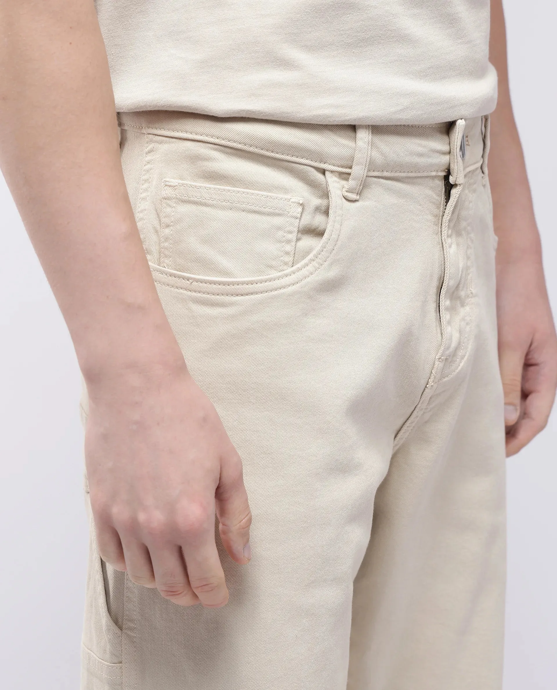 Rare Rabbit Men Arni Off White Cotton Viscose Garment Dyed Fabric Carpenter Fit Plain Denim Pant