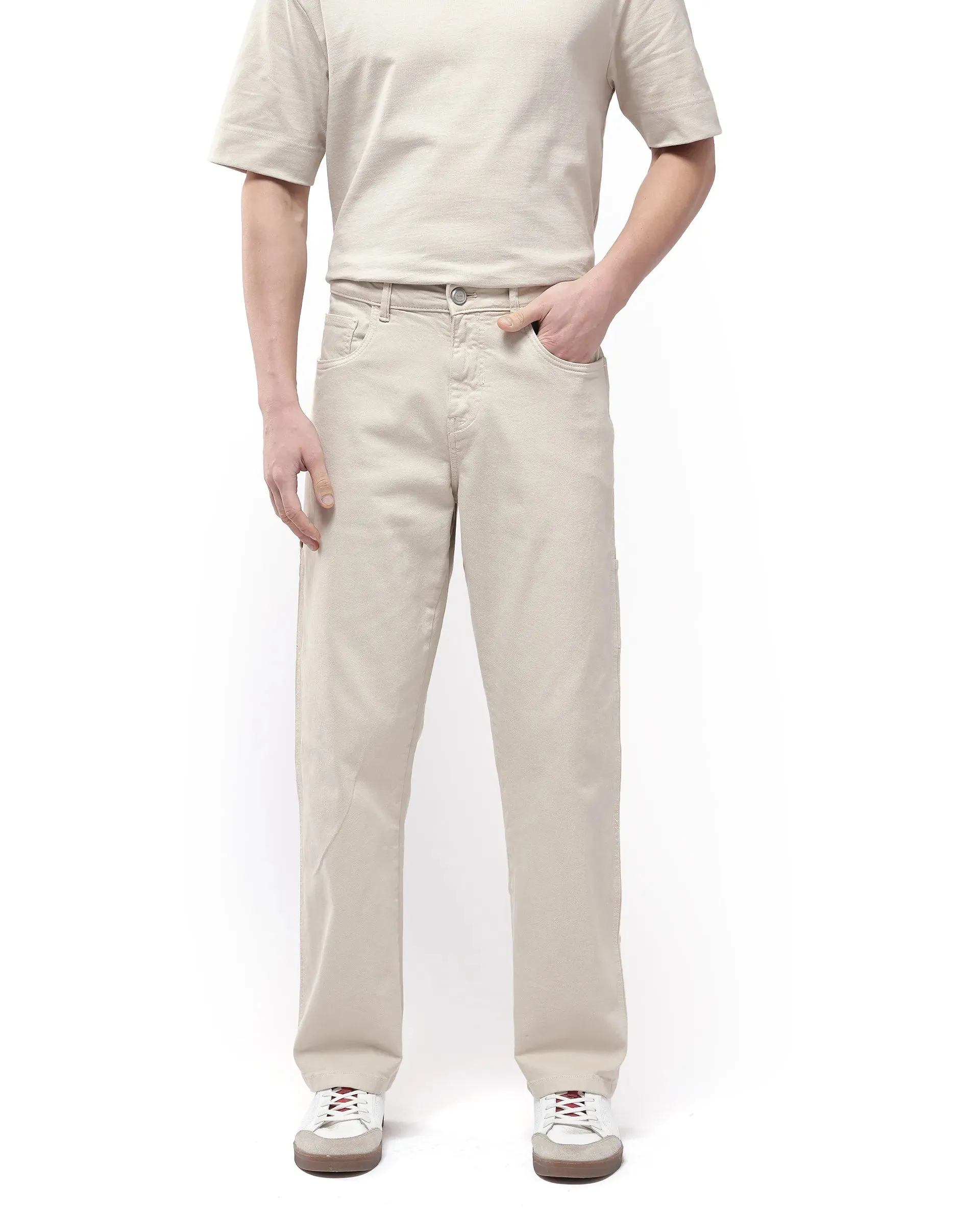 Rare Rabbit Men Arni Off White Cotton Viscose Garment Dyed Fabric Carpenter Fit Plain Denim Pant