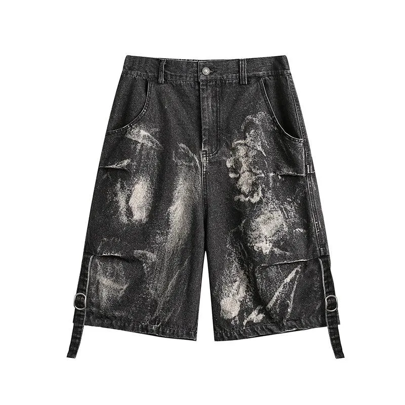 Rayohopp Distressed Denim Cargo Shorts - Wide-Leg Bermuda Jeans With Bleached Pattern And Buckle Straps