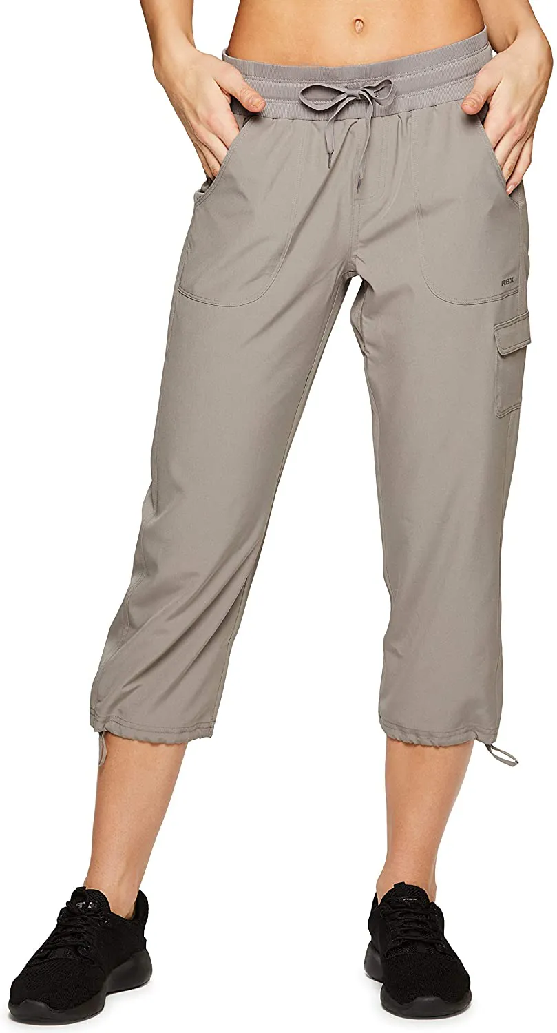 RBX Active Women's Fashion Lightweight Woven Drawstring Cargo Capri Pant with Pockets