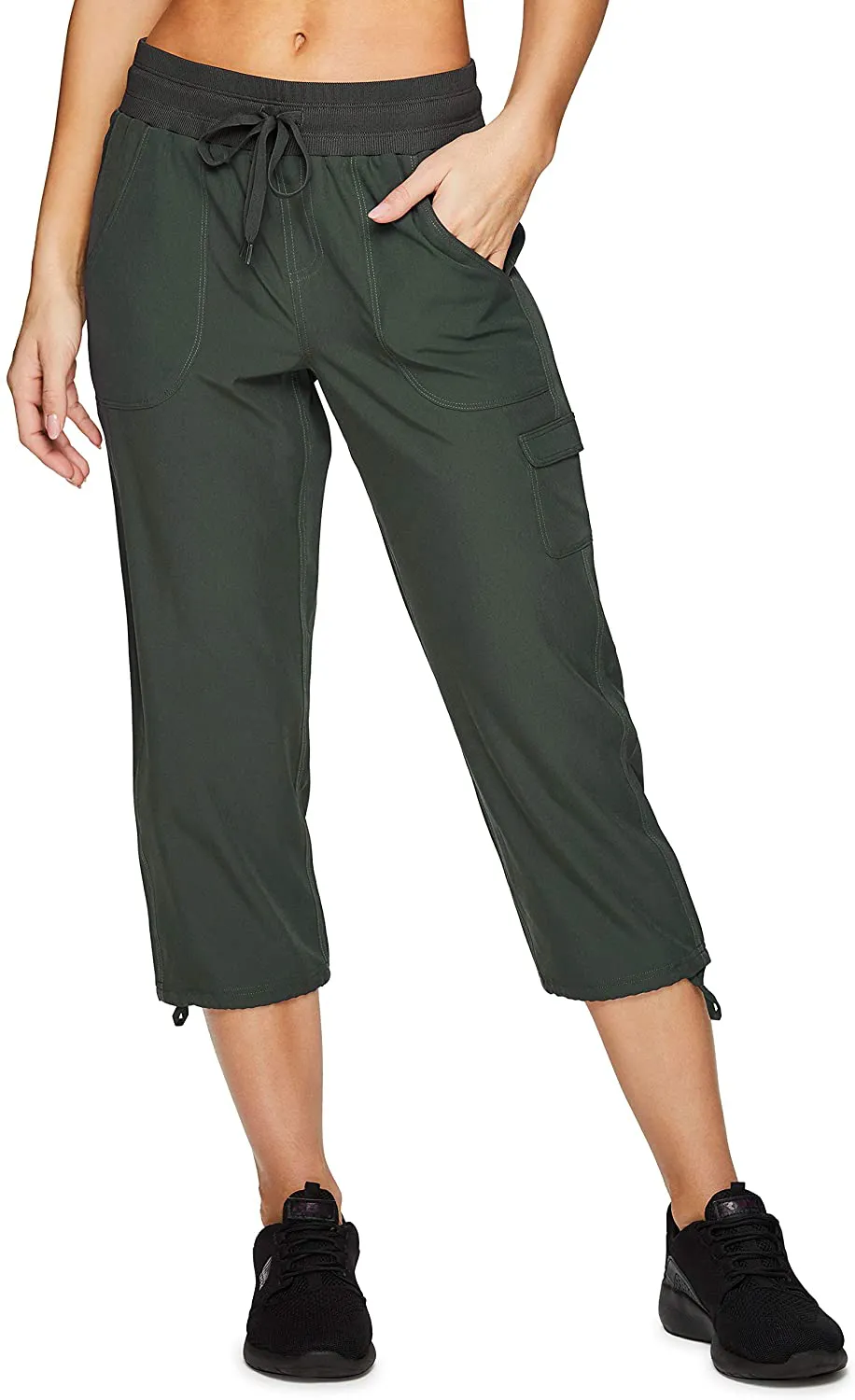 RBX Active Women's Fashion Lightweight Woven Drawstring Cargo Capri Pant with Pockets