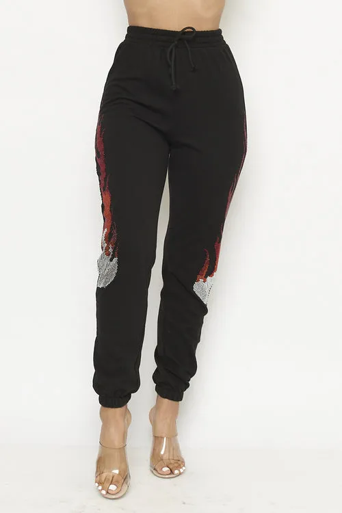 Rhinestone Flames Detail Elastic Waist Jogger Pants (51P21236)Y