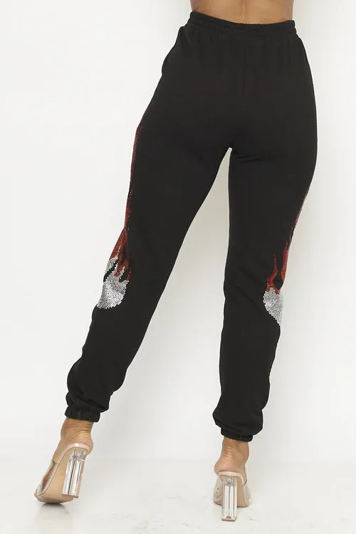 Rhinestone Flames Detail Elastic Waist Jogger Pants (51P21236)Y