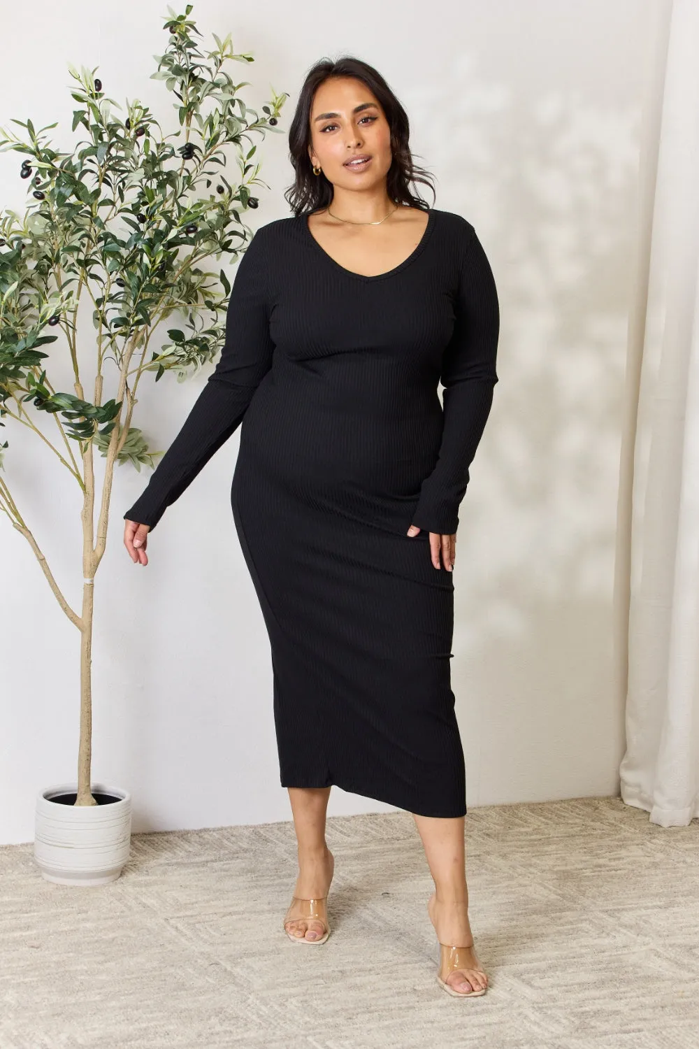 Ribbed Long Sleeve Midi Slit Dress