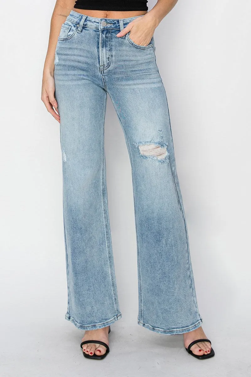 Risen Jeans - High Rise Distressed Detail Wide Leg Jeans - RDP5522