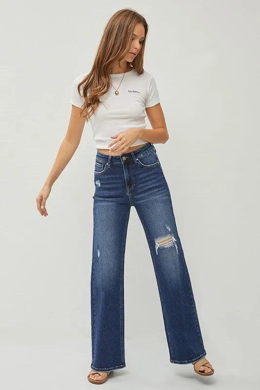 Risen Jeans - High Rise Distressed Detail Wide Leg Jeans - RDP5522