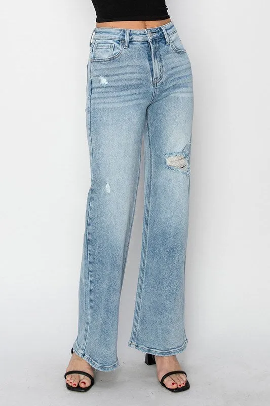 Risen Jeans - High Rise Distressed Detail Wide Leg Jeans - RDP5522